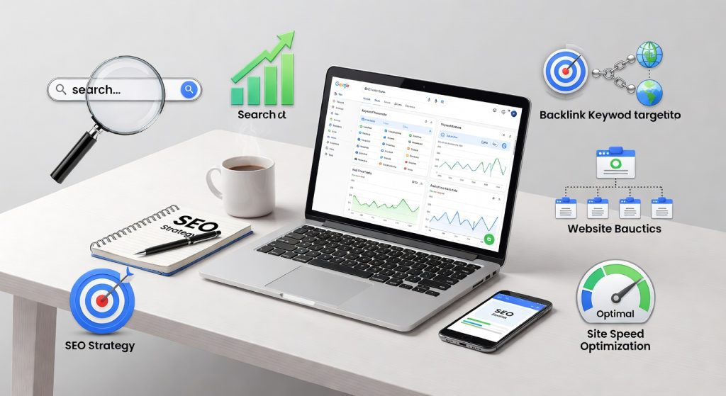 SEO Starter Guide showing keyword research, Google rankings, and website traffic analytics